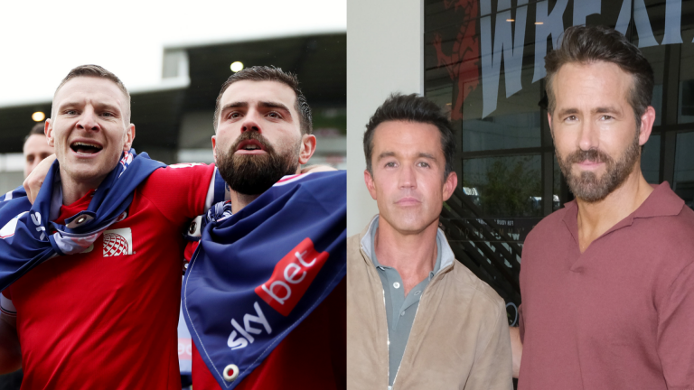 Ryan Reynolds holds his hands up after losing out to Wrexham co-owner Rob McElhenney as Paul Mullin & Elliot Lee take on 'Rob or Ryan' challenge