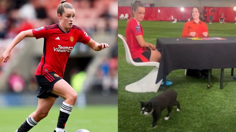 VIDEO: Man Utd Women pre-season media day hijacked by 'Carrington cat' as Lionesses star Ella Toone admits she's not a fan of Red Devils' four-legged friend