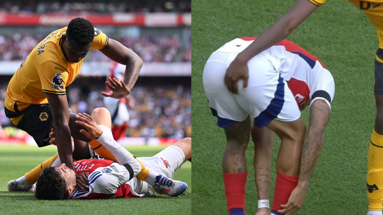 Arsenal's Kai Havertz pinned down by the throat as Wolves' Yerson Mosquera somehow escapes red card & then infuriates Gabriel Jesus by grabbing his BUM