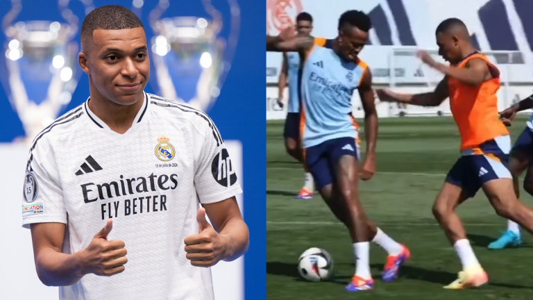 VIDEO: Kylian Mbappe nutmegs Eder Militao in Real Madrid training! World Cup winner tearing it up ahead of Blancos debut in UEFA Super Cup