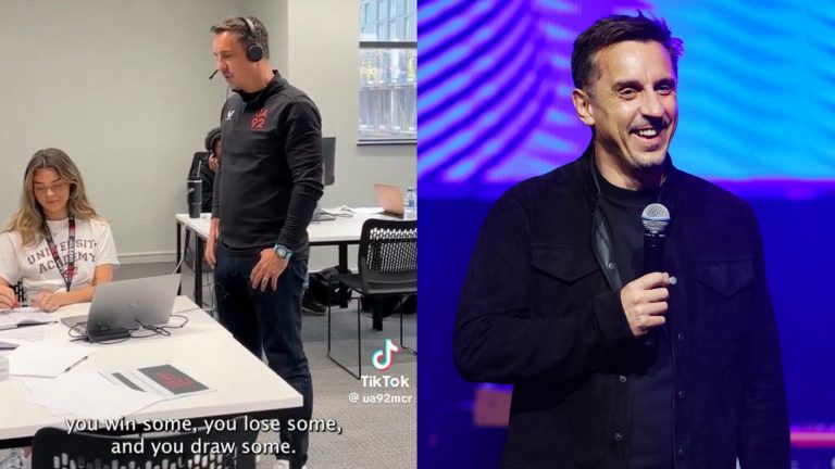 VIDEO: Gary Neville provides bizarre pep talk to student on A-Level results day as ex-Man Utd man claims 'life's a lot like a football game'