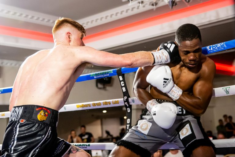 Troy Jones boxes Leon Willings for the English light-heavyweight title